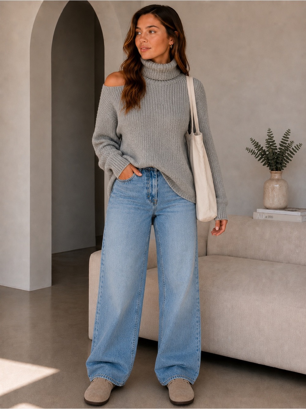 Bobeau Gray Cold-Shoulder Turtleneck Sweater